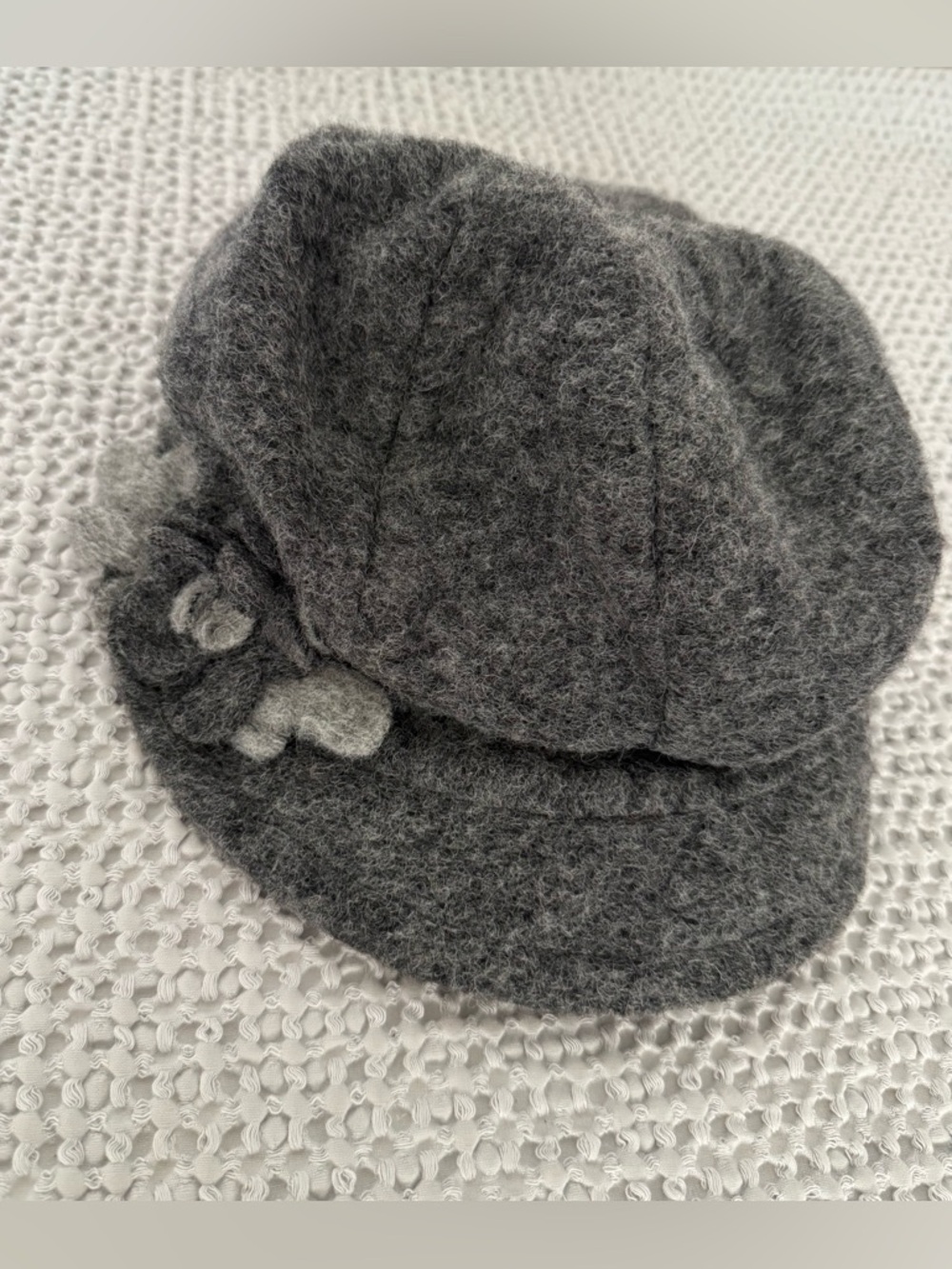 Bordoni Grey Wool Blend Rosette Flower Newsboy Fleece Lined Cap Hat Italy
